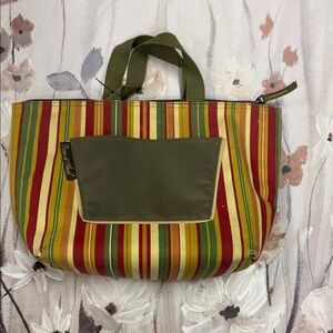 Striped Tote Bag with Olive Front Pocket - Unknown Brand